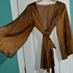 Gold and brown patterned Satin Kimono Wrap mini-dress, still new with tags